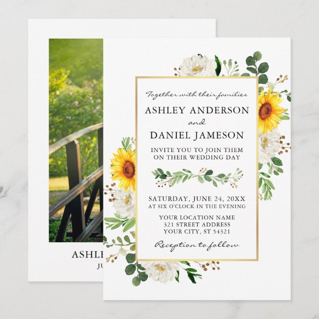 Watercolor Sunflowers White Floral Photo Wedding Invitation (Front/Back)