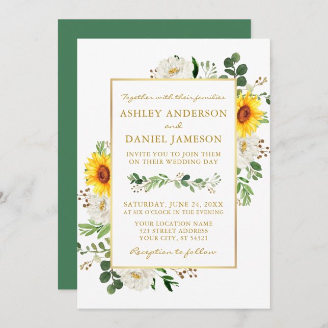 Watercolor Sunflowers White Floral Wedding Gold Invitation (Front/Back)