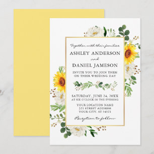 Watercolor Sunflowers White Floral Wedding Invitation