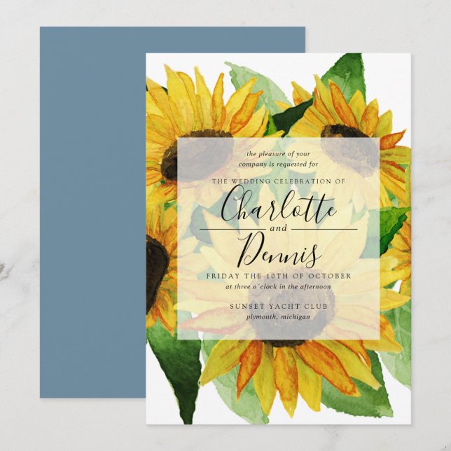 Watercolor sunflowers with blush blue wedding invitation (Front/Back)