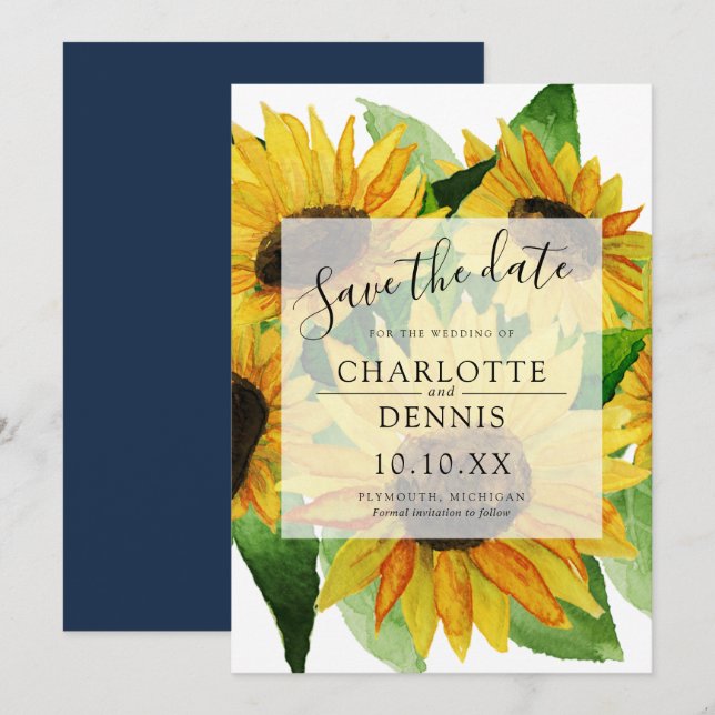 Watercolor sunflowers with navy blue save the date invitation (Front/Back)