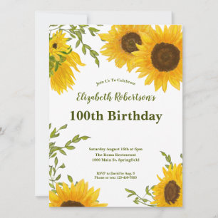 Watercolor Sunflowers Women's 100th Birthday  Invitation