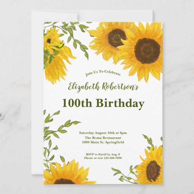 Watercolor Sunflowers Women's 100th Birthday  Invitation (Front)