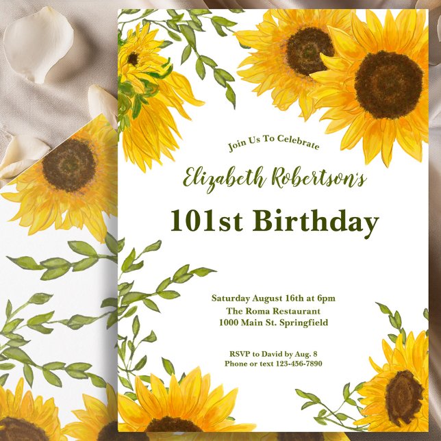 Watercolor Sunflowers Women's 101st Birthday  Invitation (Creator Uploaded)