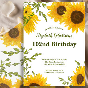 Watercolor Sunflowers Women's 102nd Birthday  Invitation