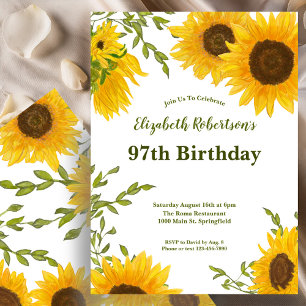 Watercolor Sunflowers Women's 97th Birthday  Invitation