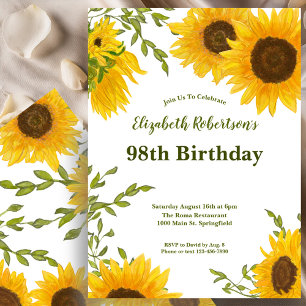 Watercolor Sunflowers Women's 98th Birthday Invitation