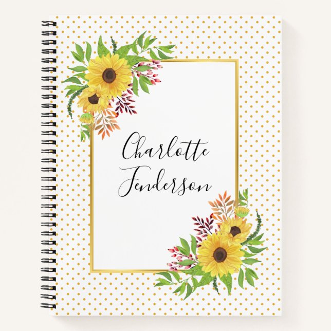 Watercolor sunflowers, yellow and white polka dots notebook (Front)