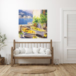Watercolor Sunny Day in Capri Canvas Print<br><div class="desc">Canvas print featuring a vibrant watercolor scene of a summer day on the seaside, island town of Capri, Italy. The print features an illustration of lemons scattered in blue and white rowboats in the forefront with the boats sailing on the blue seaside, roaming hills and beautiful architecture of Capri in...</div>