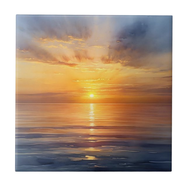 Watercolor Sunrise Over Calm Sea Tile (Front)