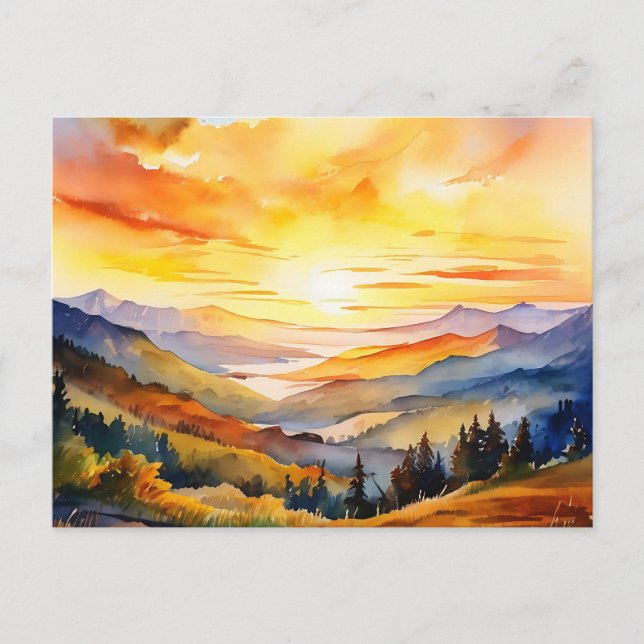 Watercolor Sunrise Over Mountain Range Postcard (Front)