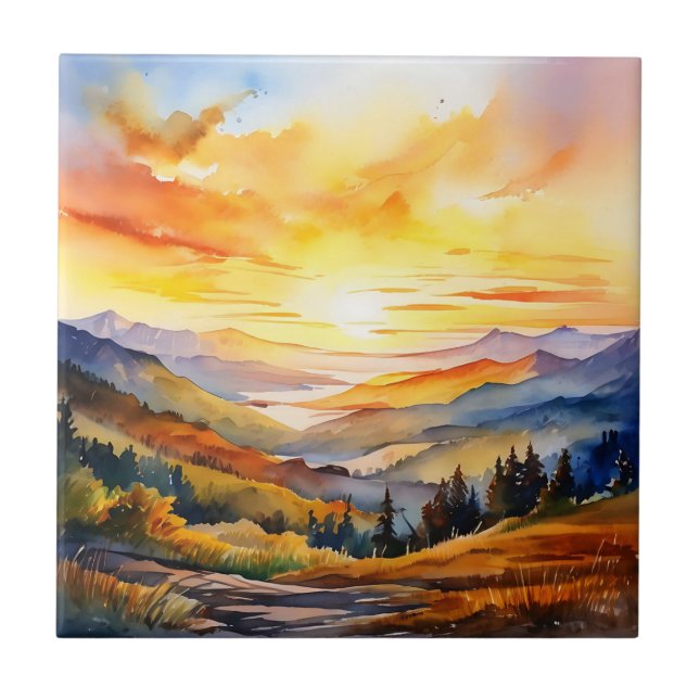 Watercolor Sunrise Over Mountain Range Tile (Front)