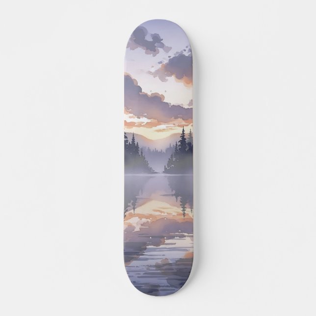 Watercolor Sunrise - Serene Misty Mountain Lake Skateboard (Front)