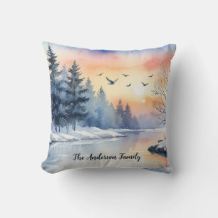Watercolor Sunrise Winter Birds Lake Christmas Cushion