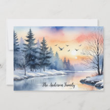 Watercolor Sunrise Winter Birds Lake Christmas