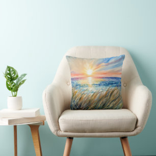 Watercolor Sunrise With Beach Grass Cushion