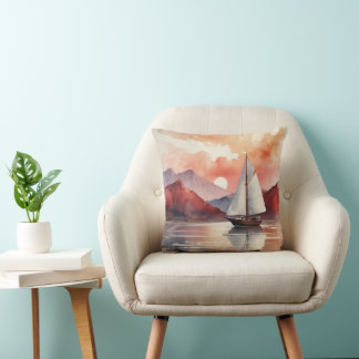 Watercolor Sunrise With Yacht Cushion