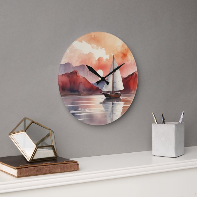 Watercolor Sunrise With Yacht Large Clock (Office)