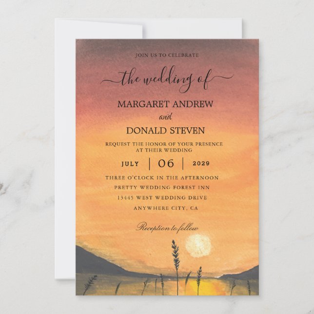 watercolor sunset barn wedding invitation (Front)
