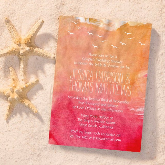 Watercolor Sunset Beach Couple's Wedding Shower Invitation (Creator Uploaded)