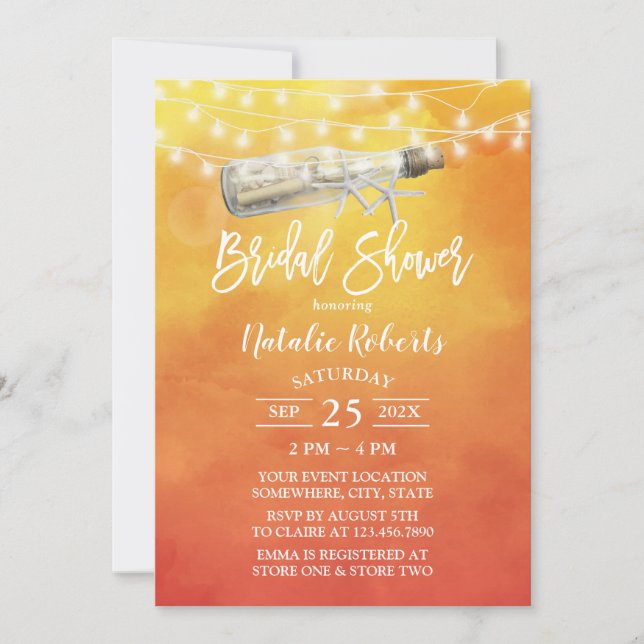 Watercolor Sunset Beach Love Message Bridal Shower Invitation (Front)