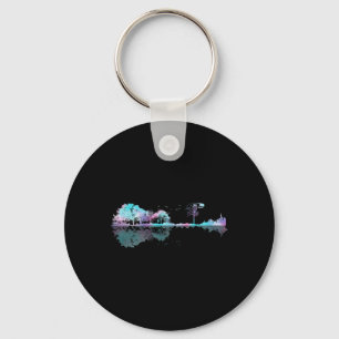 Watercolor Sunset Disc Golf Guitar Player Golfing Key Ring