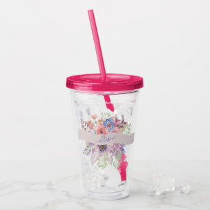 Watercolor sunset floral personalised   acrylic tumbler