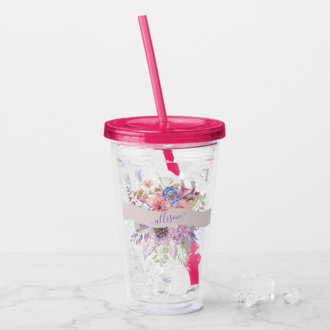 Watercolor sunset floral personalised   acrylic tumbler (Front Ice)