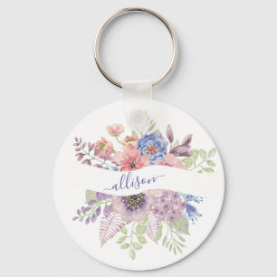 Watercolor sunset floral personalized  key ring