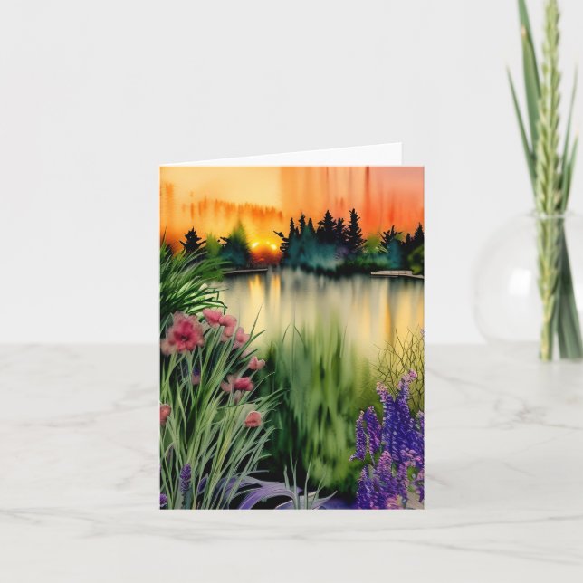 Watercolor sunset garden pond customisable card (Front)