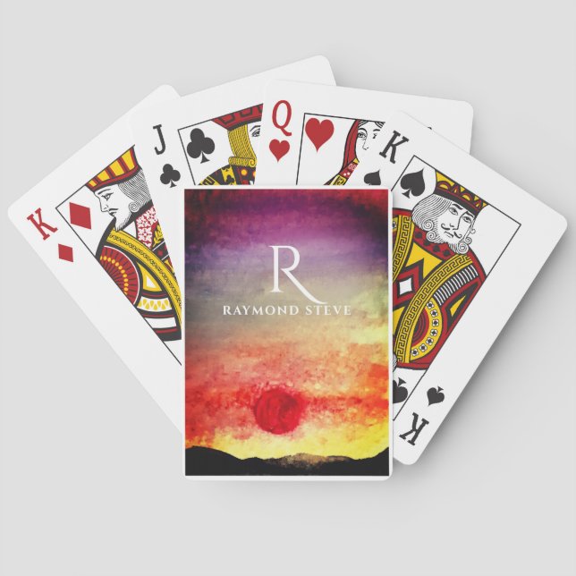 Watercolor Sunset Mountains Monogrammed Playing Cards (Back)
