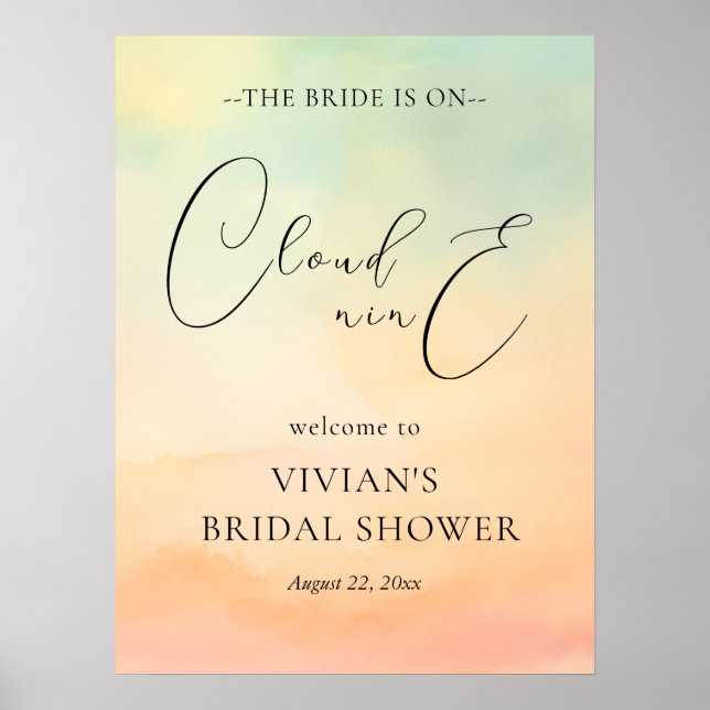 Watercolor Sunset On Cloud 9 Bridal Shower Welcome Poster (Front)