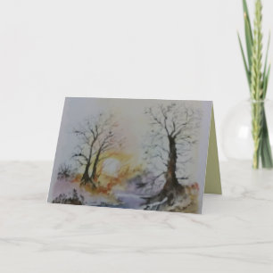 Watercolor sunset on river and landscape card
