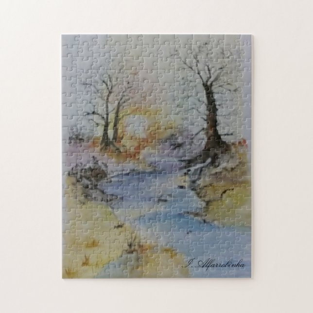 Watercolor sunset on river and landscape  jigsaw puzzle (Vertical)