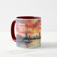 Watercolor sunset over Miami from Biscayne Bay