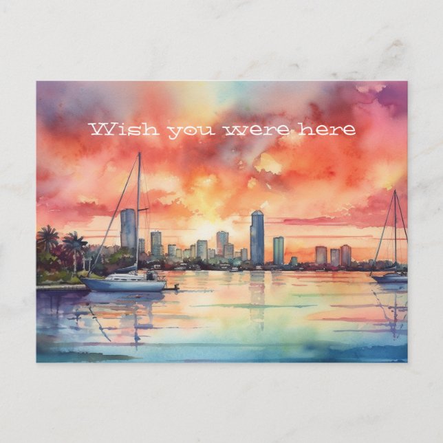 Watercolor sunset over Miami from Biscayne Bay Postcard (Front)