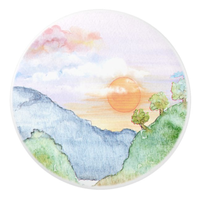 Watercolor Sunset over Mountains & Trees Ceramic Knob (Front)