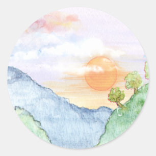 Watercolor Sunset over Mountains & Trees Classic Round Sticker