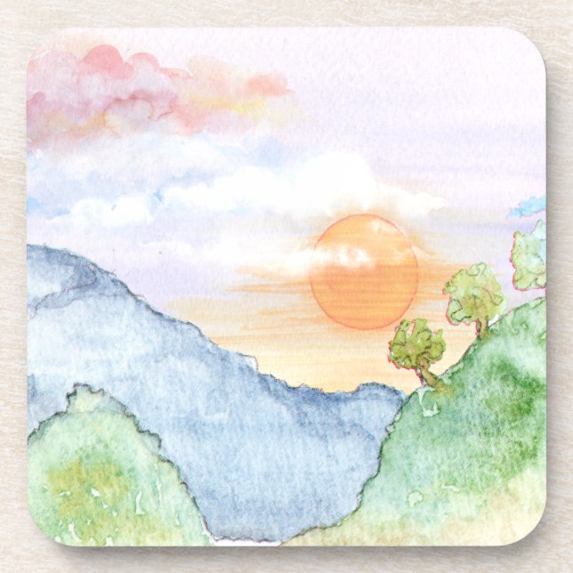 Watercolor Sunset over Mountains & Trees Coaster (Front)