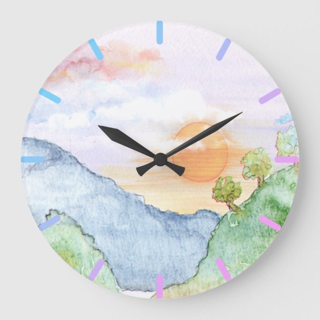 Watercolor Sunset over Mountains & Trees  Large Clock (Front)