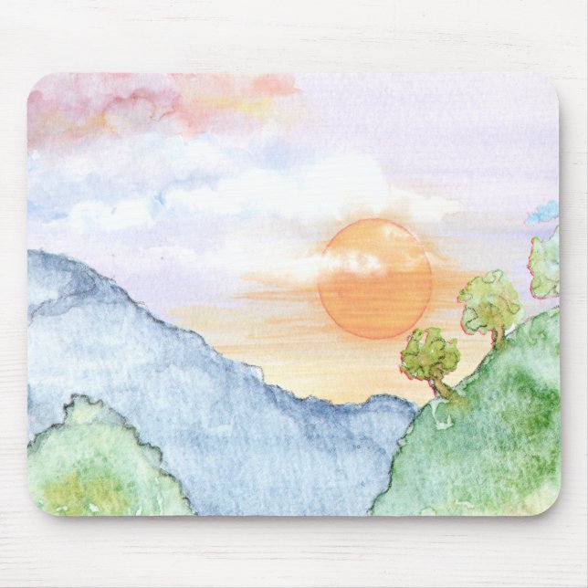 Watercolor Sunset over Mountains & Trees Mouse Mat (Front)