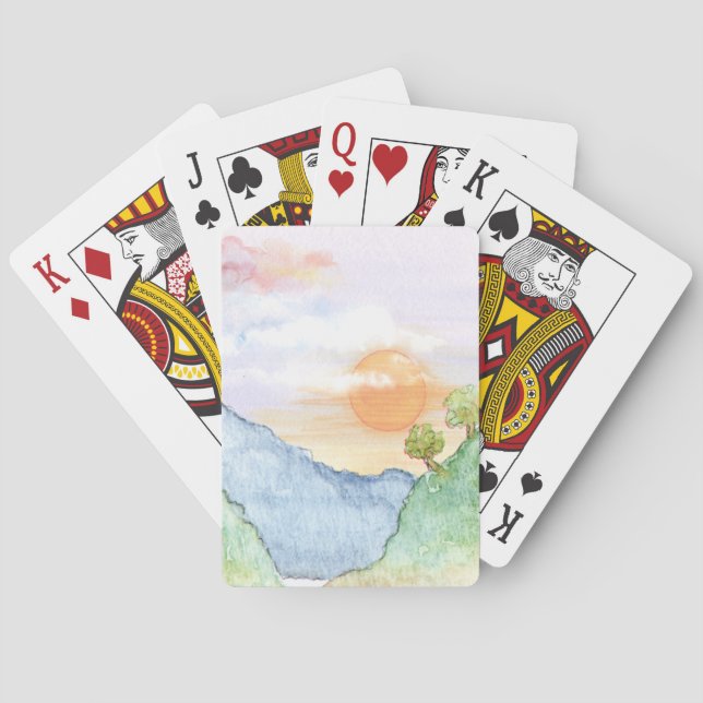 Watercolor Sunset over Mountains & Trees  Playing Cards (Back)