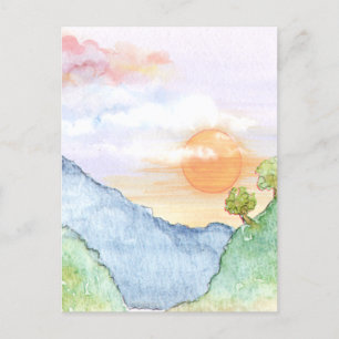Watercolor Sunset over Mountains & Trees  Postcard