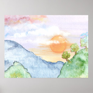 Watercolor Sunset over Mountains & Trees  Poster