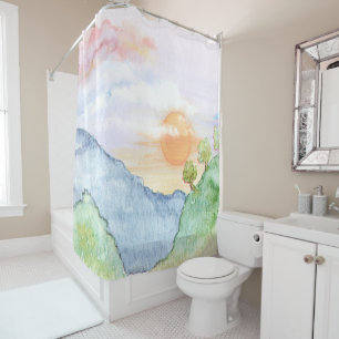 Watercolor Sunset over Mountains & Trees Shower Curtain