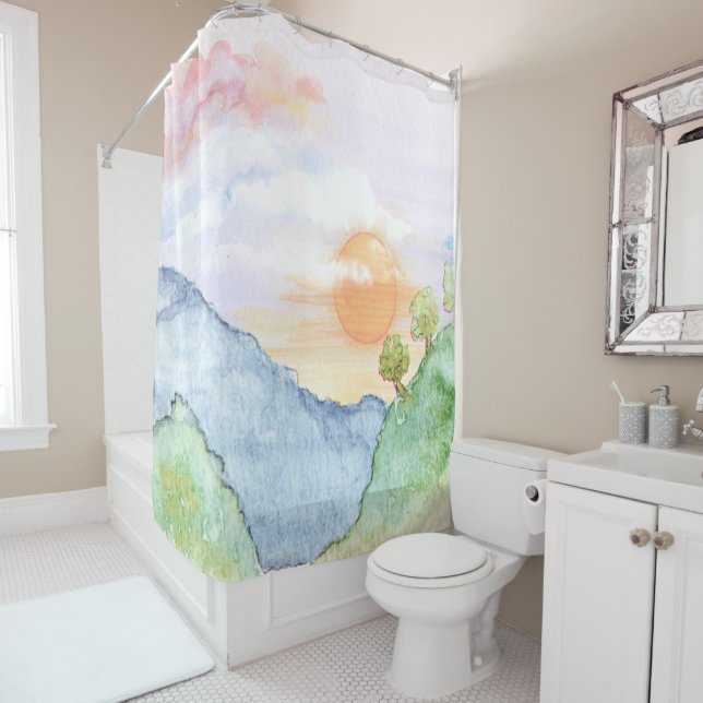 Watercolor Sunset over Mountains & Trees  Shower Curtain (In Situ)