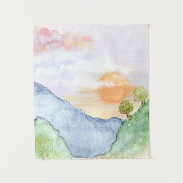 Watercolor Sunset over Mountains & Trees  Tapestry (Front)
