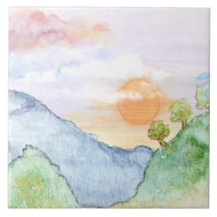 Watercolor Sunset over Mountains & Trees Tile
