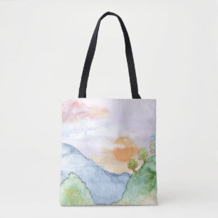 Watercolor Sunset over Mountains & Trees Tote Bag