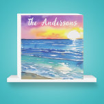 Watercolor Sunset Over the Ocean Wooden Box Sign<br><div class="desc">This colourful wooden box sign is perfect for any beach lover or waterfront home. Personalise it with your desired name.</div>